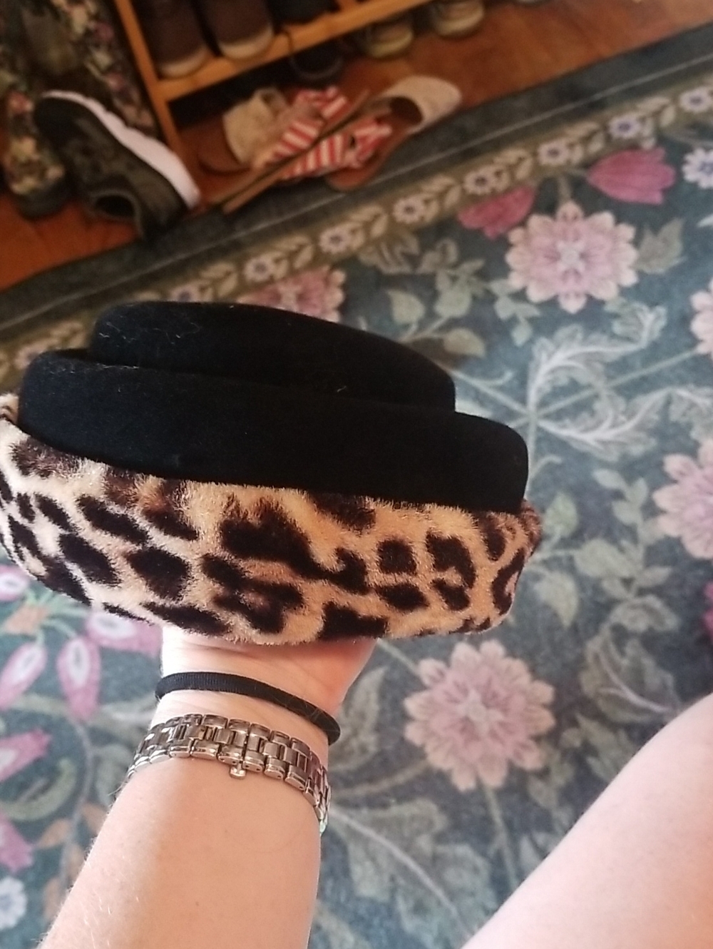 Vintage Black and Leopard Faux Fur Pillbox Hat - Women's Accessory